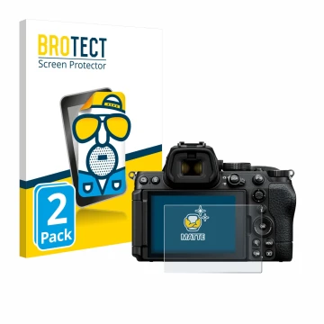 Front side of a product packaging with the brand logo BROTECT. Next to it is the device Nikon Z5 II shown with the correspondi