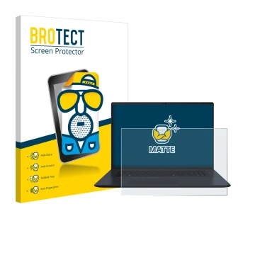 Front side of a product packaging with the brand logo BROTECT. Next to it is the device ASUS Vivobook 18 M1807 shown with the 