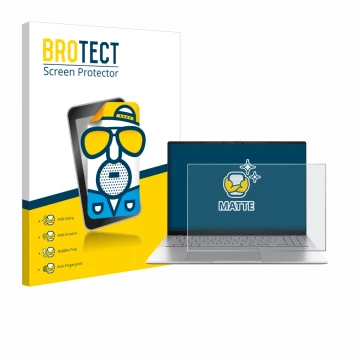 Front side of a product packaging with the brand logo BROTECT. Next to it is the device ASUS Vivobook S16 S3607 shown with the
