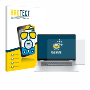 Front side of a product packaging with the brand logo BROTECT. Next to it is the device HP OmniBook X Flip 16-aX shown with th