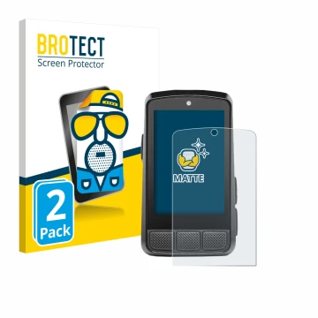 Front side of a product packaging with the brand logo BROTECT. Next to it is the device Wahoo Elemnt Bolt 3 shown with the cor