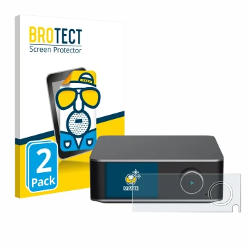 Front side of a product packaging with the brand logo BROTECT. Next to it is the device WiiM Ultra shown with the correspondin