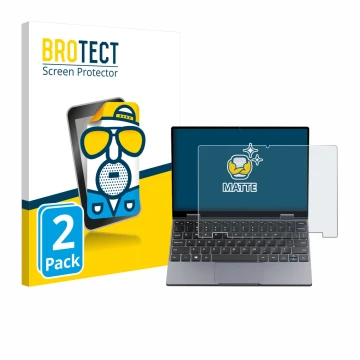 Front side of a product packaging with the brand logo BROTECT. Next to it is the device Chuwi MiniBook X N150 shown with the c