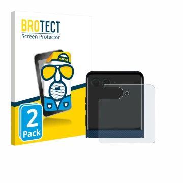 Front side of a product packaging with the brand logo BROTECT. Next to it is the device Motorola Razr 60 (Back display) shown 