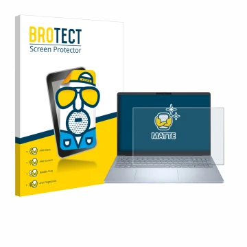 Front side of a product packaging with the brand logo BROTECT. Next to it is the device Dell 16 Plus Laptop shown with the cor