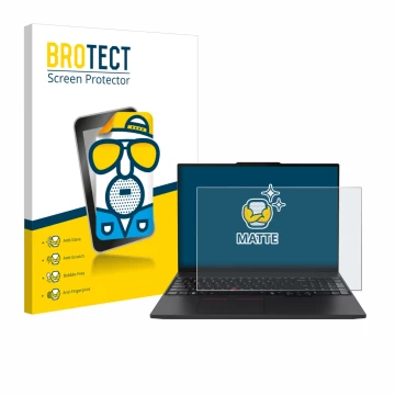 Front side of a product packaging with the brand logo BROTECT. Next to it is the device Lenovo ThinkPad P16s Gen 4 shown with 