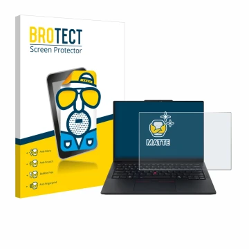 Front side of a product packaging with the brand logo BROTECT. Next to it is the device Lenovo ThinkPad E14 Gen 7 shown with t