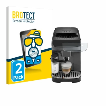Front side of a product packaging with the brand logo BROTECT. Next to it is the device DeLonghi Magnifica Evo shown with the 