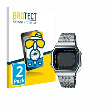 Front side of a product packaging with the brand logo BROTECT. Next to it is the device Casio iconic ABL-100WE-1A shown with t