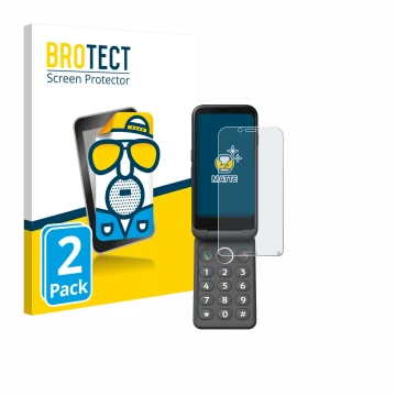 Front side of a product packaging with the brand logo BROTECT. Next to it is the device Doro Aurora A20 shown with the corresp