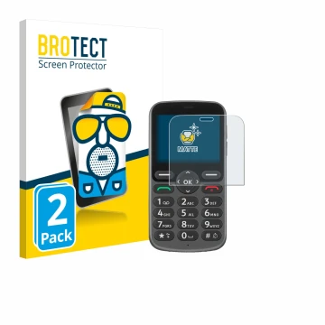 Front side of a product packaging with the brand logo BROTECT. Next to it is the device Doro 1380 shown with the corresponding