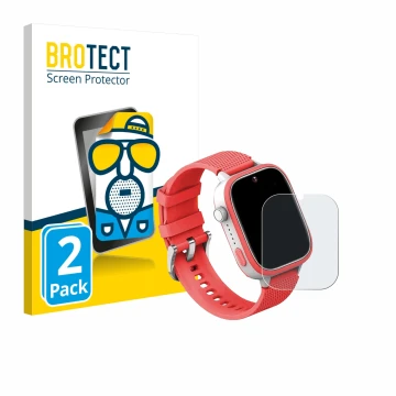 Front side of a product packaging with the brand logo BROTECT. Next to it is the device AngelTech Kids Smartwatch Ultra 1.83