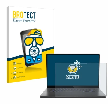 Front side of a product packaging with the brand logo BROTECT. Next to it is the device ASUS ROG Zephyrus G16 2025 shown with 