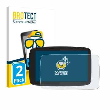 Front side of a product packaging with the brand logo BROTECT. Next to it is the device TomTom GO Camper Tour shown with the c