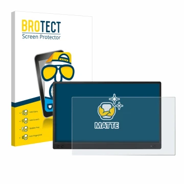 Front side of a product packaging with the brand logo BROTECT. Next to it is the device ASUS ZenScreen MB166C shown with the c