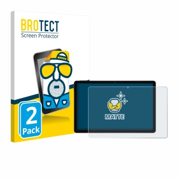 Front side of a product packaging with the brand logo BROTECT. Next to it is the device Doogee Tab A9 Pro+ shown with the corr