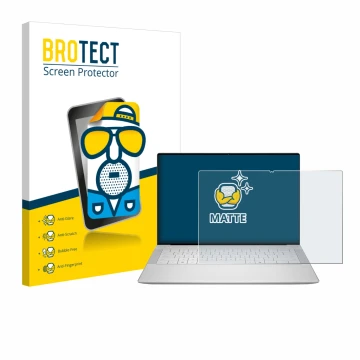 Front side of a product packaging with the brand logo BROTECT. Next to it is the device Dell 14 Premium Laptop shown with the 