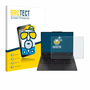 Front side of a product packaging with the brand logo BROTECT. Next to it is the device Lenovo ThinkPad T14s 2-in-1 shown with