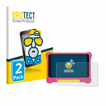 Front side of a product packaging with the brand logo BROTECT. Next to it is the device Happybe Kids Tablet 7