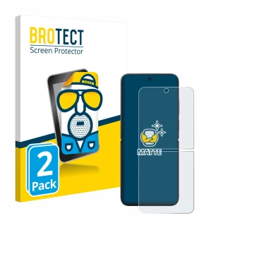Front side of a product packaging with the brand logo BROTECT. Next to it is the device Xiaomi MIX Flip shown with the corresp