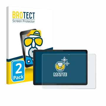 Front side of a product packaging with the brand logo BROTECT. Next to it is the device Lenovo Tab K11e shown with the corresp