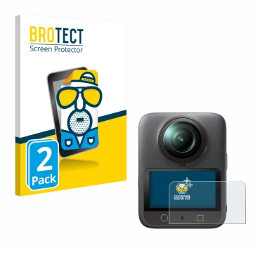 Front side of a product packaging with the brand logo BROTECT. Next to it is the device DJI Osmo 360 shown with the correspond