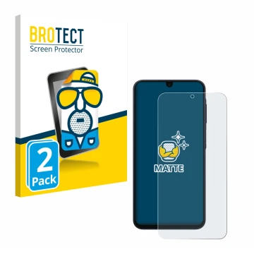 Front side of a product packaging with the brand logo BROTECT. Next to it is the device Samsung Galaxy A17 4G shown with the c