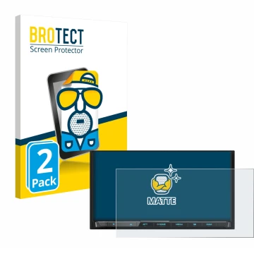 Front side of a product packaging with the brand logo BROTECT. Next to it is the device Kenwood DMX8021DABS shown with the cor