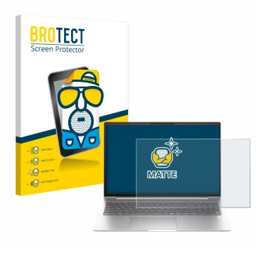 Front side of a product packaging with the brand logo BROTECT. Next to it is the device HP EliteBook 6 G1i 16 shown with the c