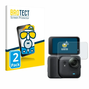 Front side of a product packaging with the brand logo BROTECT. Next to it is the device Insta360 Go Ultra shown with the corre