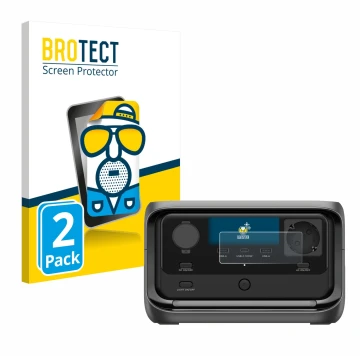 Front side of a product packaging with the brand logo BROTECT. Next to it is the device EcoFlow River 3 Plus shown with the co