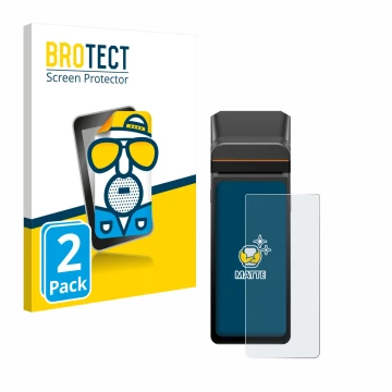 Front side of a product packaging with the brand logo BROTECT. Next to it is the device Sunmi V3H shown with the corresponding