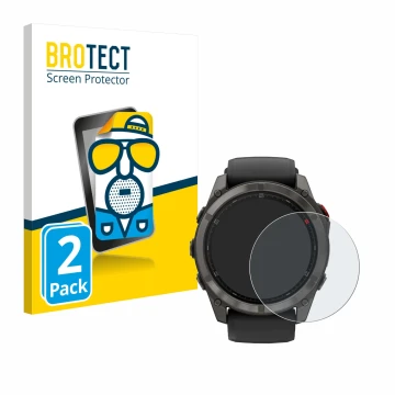 Front side of a product packaging with the brand logo BROTECT. Next to it is the device Garmin Fenix 8 Pro MicroLED (51 mm) sh