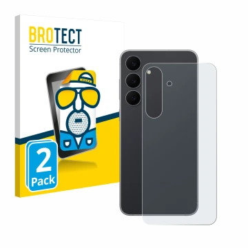 Front side of a product packaging with the brand logo BROTECT. Next to it is the device Samsung Galaxy S25 FE (Back) shown wit