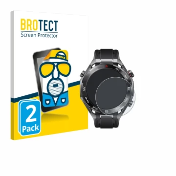 Front side of a product packaging with the brand logo BROTECT. Next to it is the device Huawei Watch Ultimate 2 Black shown wi
