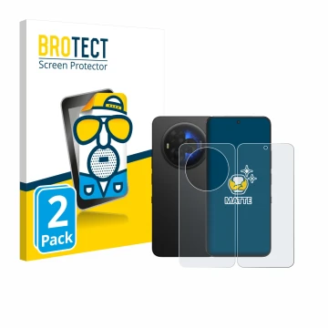 Front side of a product packaging with the brand logo BROTECT. Next to it is the device TCL NXTPAPER 60 Ultra (Front+Back) sho