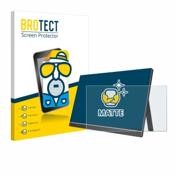 Front side of a product packaging with the brand logo BROTECT. Next to it is the device Arzopa ‎60HZ/A1 15.6