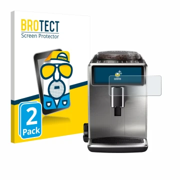 Front side of a product packaging with the brand logo BROTECT. Next to it is the device Philips Saeco Xelsis Suprema shown wit