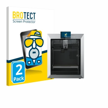 Front side of a product packaging with the brand logo BROTECT. Next to it is the device Qidi Tech Q2 shown with the correspond