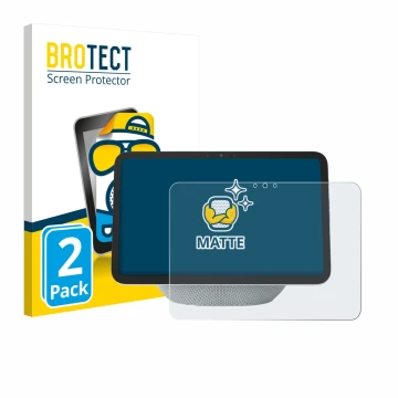 Front side of a product packaging with the brand logo BROTECT. Next to it is the device Amazon Echo Show 11 2025 shown with th