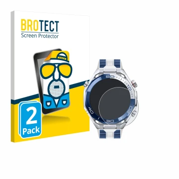 Front side of a product packaging with the brand logo BROTECT. Next to it is the device Huawei Watch Ultimate 2 Blue shown wit