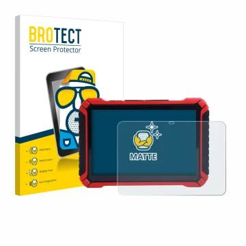 Front side of a product packaging with the brand logo BROTECT. Next to it is the device Launch X-431 Pad IX shown with the cor