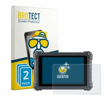 Front side of a product packaging with the brand logo BROTECT. Next to it is the device Autel MaxiSys MS906 Pro shown with the