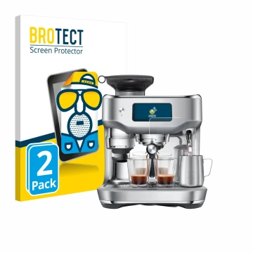 Front side of a product packaging with the brand logo BROTECT. Next to it is the device Sage the Oracle Dual Boiler shown with