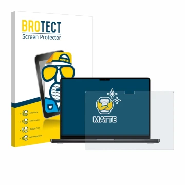 Front side of a product packaging with the brand logo BROTECT. Next to it is the device Apple MacBook Pro 14