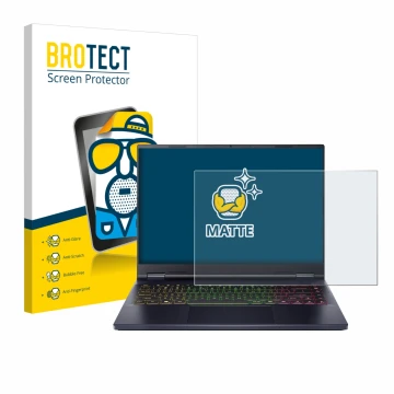 Front side of a product packaging with the brand logo BROTECT. Next to it is the device Acer Predator Helios Neo 14 AI shown w