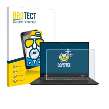 Front side of a product packaging with the brand logo BROTECT. Next to it is the device MSI Prestige 16 AI Evo B1M shown with 