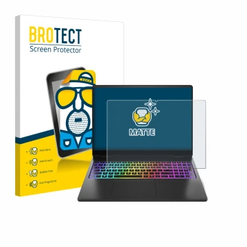 Front side of a product packaging with the brand logo BROTECT. Next to it is the device HP Omen Max 16 shown with the correspo