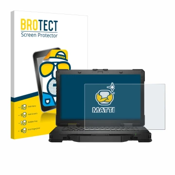 Front side of a product packaging with the brand logo BROTECT. Next to it is the device Dell Pro Rugged 14 Laptop shown with t