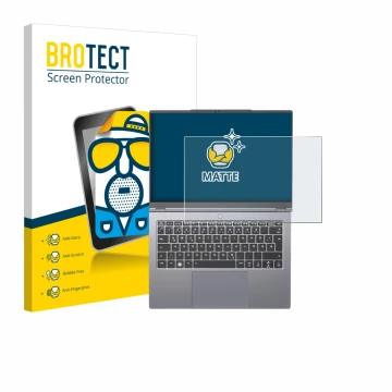Front side of a product packaging with the brand logo BROTECT. Next to it is the device Tuxedo InfinityBook Pro 14 Gen 10 show